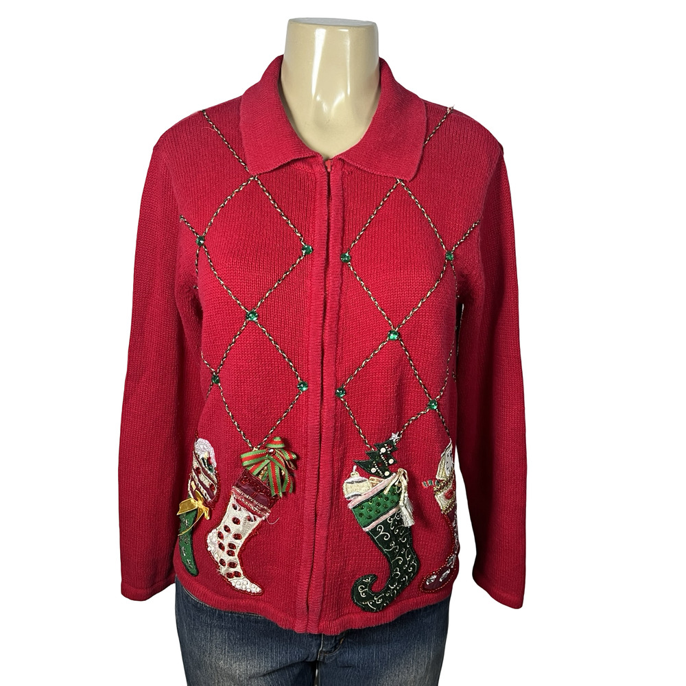 Heirloom Collectibles Sweater‎ Womens Medium Red Christmas Stocking Beaded Zip